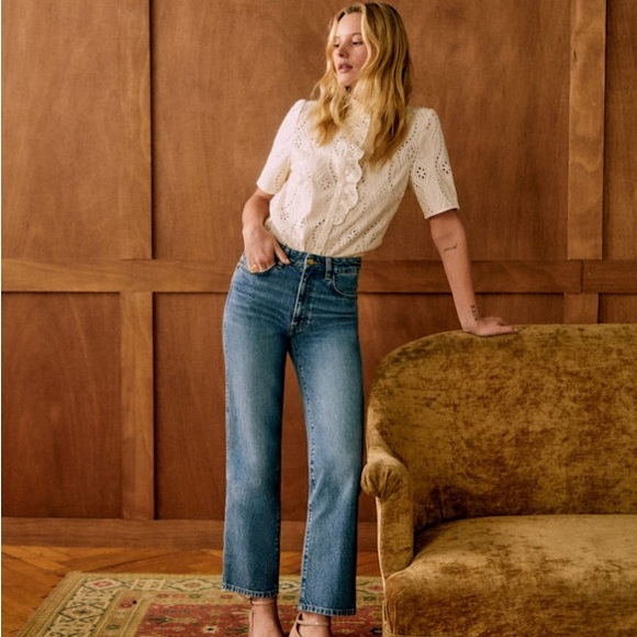 SEZANE L'ICONIQUE DROIT TROUSERS Blue Straight Leg Timeless Style 34” waistUS 12 - Picture 3 of 16
